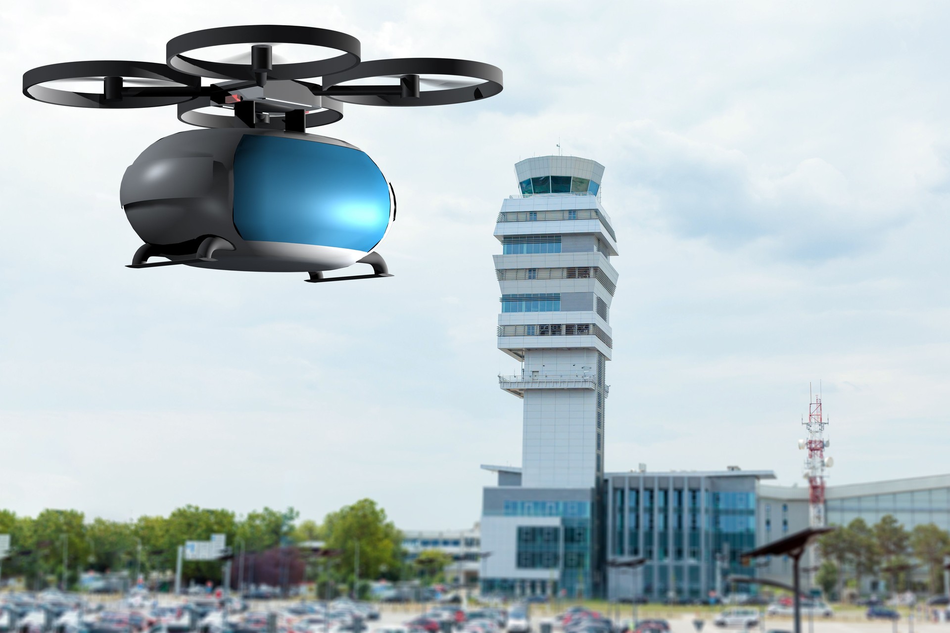 Futuristic drone hovering near an airport control tower on a cloudy day