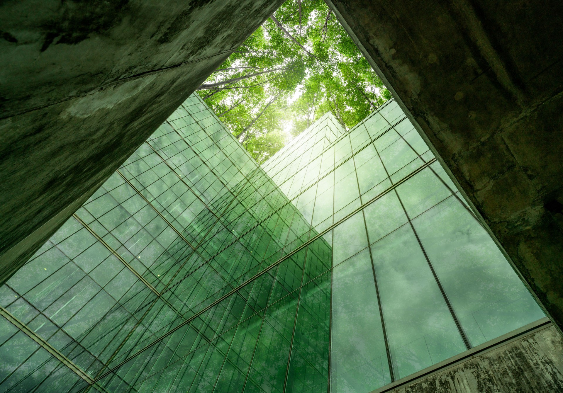 Eco-friendly building in modern city. Sustainable glass office structure with integrated greenery to reduce heat and carbon dioxide. Corporate architecture. Reducing CO2 emissions. Green environment.